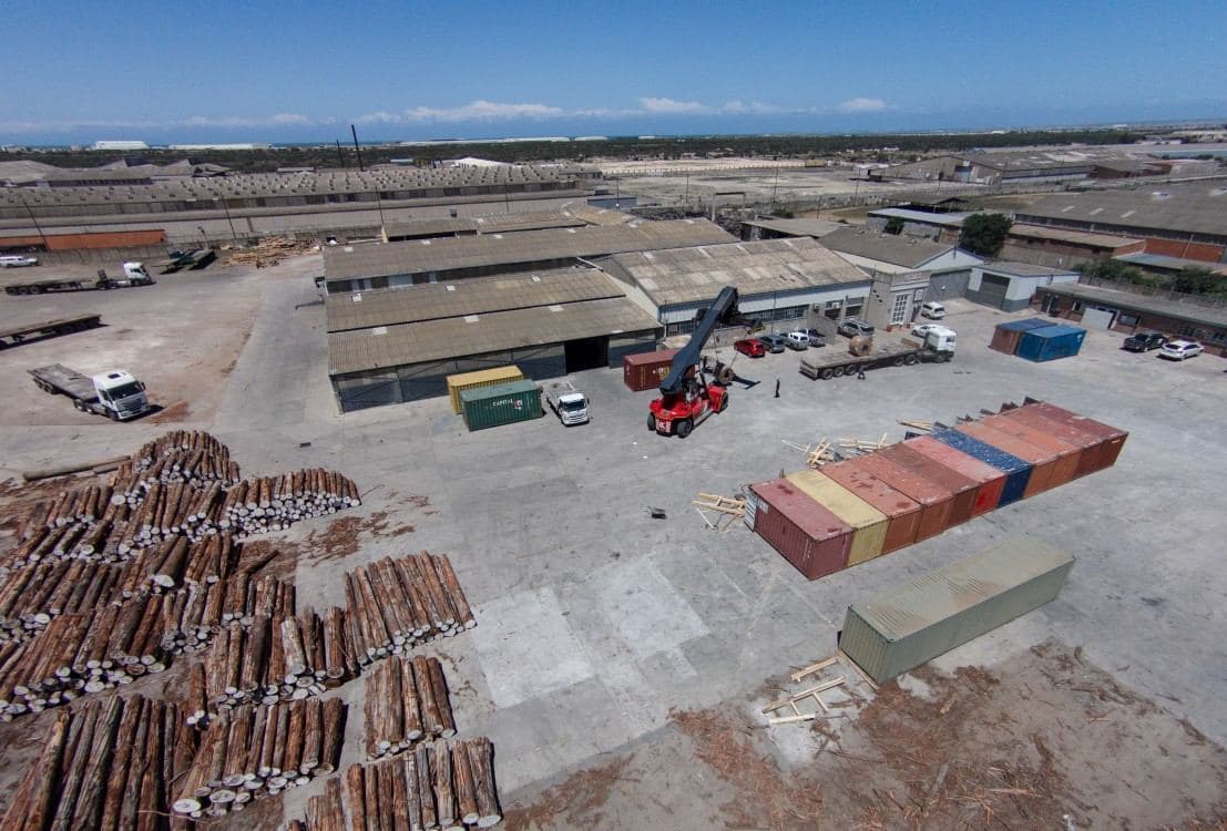 Aerial view of the container yard and warehouses